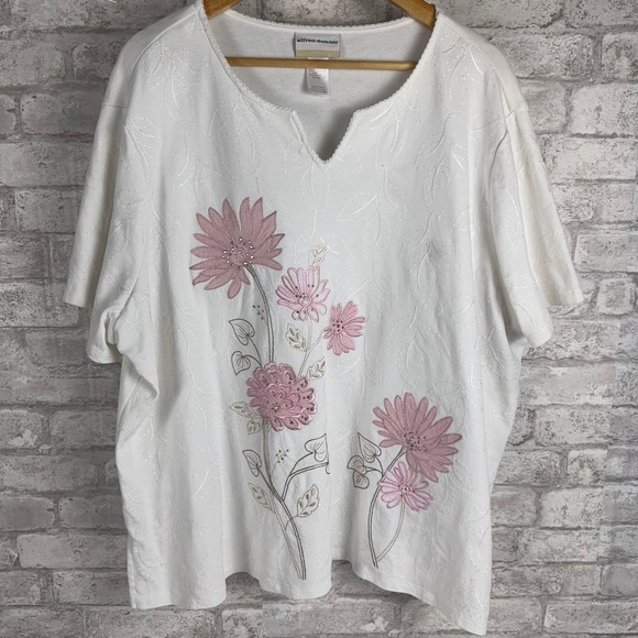 Alfred Dunner Popover Knit Top Floral Embroidered Embellished Split V Size 3x - Picture 1 of 8